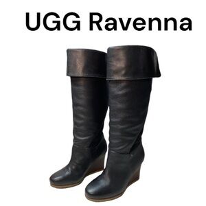 UGG Ravenna 3200 Black Nubuck Leather Sheepskin Tall Wedge Boots Size 6.5